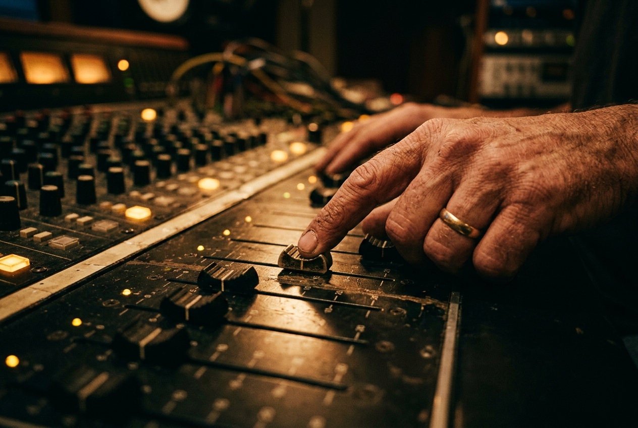 Close detail of an engineer's hands on the console faders, lit by warm gold light — the craft a text profile cannot show.