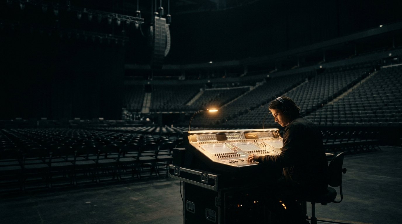 A front-of-house engineer alone at the console in an empty arena before the show, listening through headphones in low gold light.