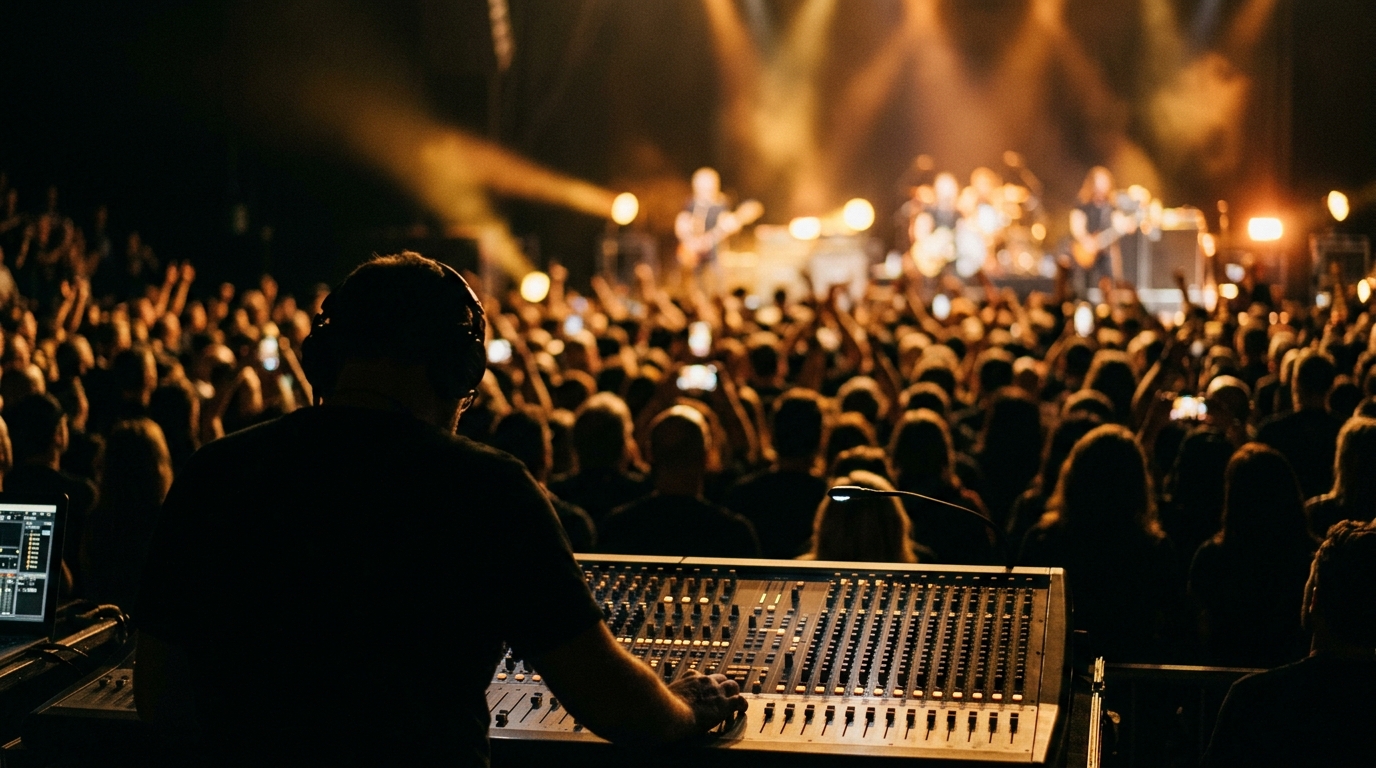 The engineer's silhouette at front-of-house during the live show, a gold-lit crowd and stage beyond — the moment the room comes alive.