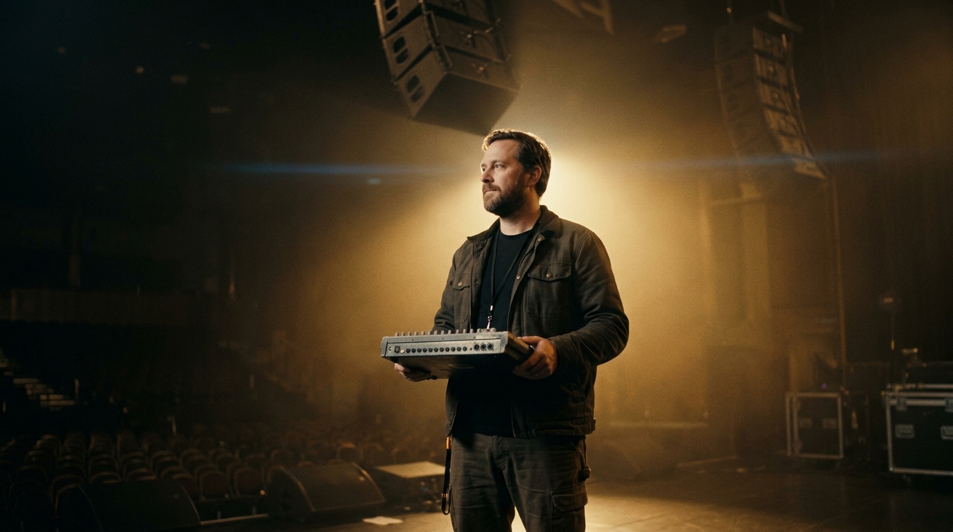 A touring engineer alone on stage during sound check, backlit by gold haze, line arrays flown above — a frame from the portrait series.
