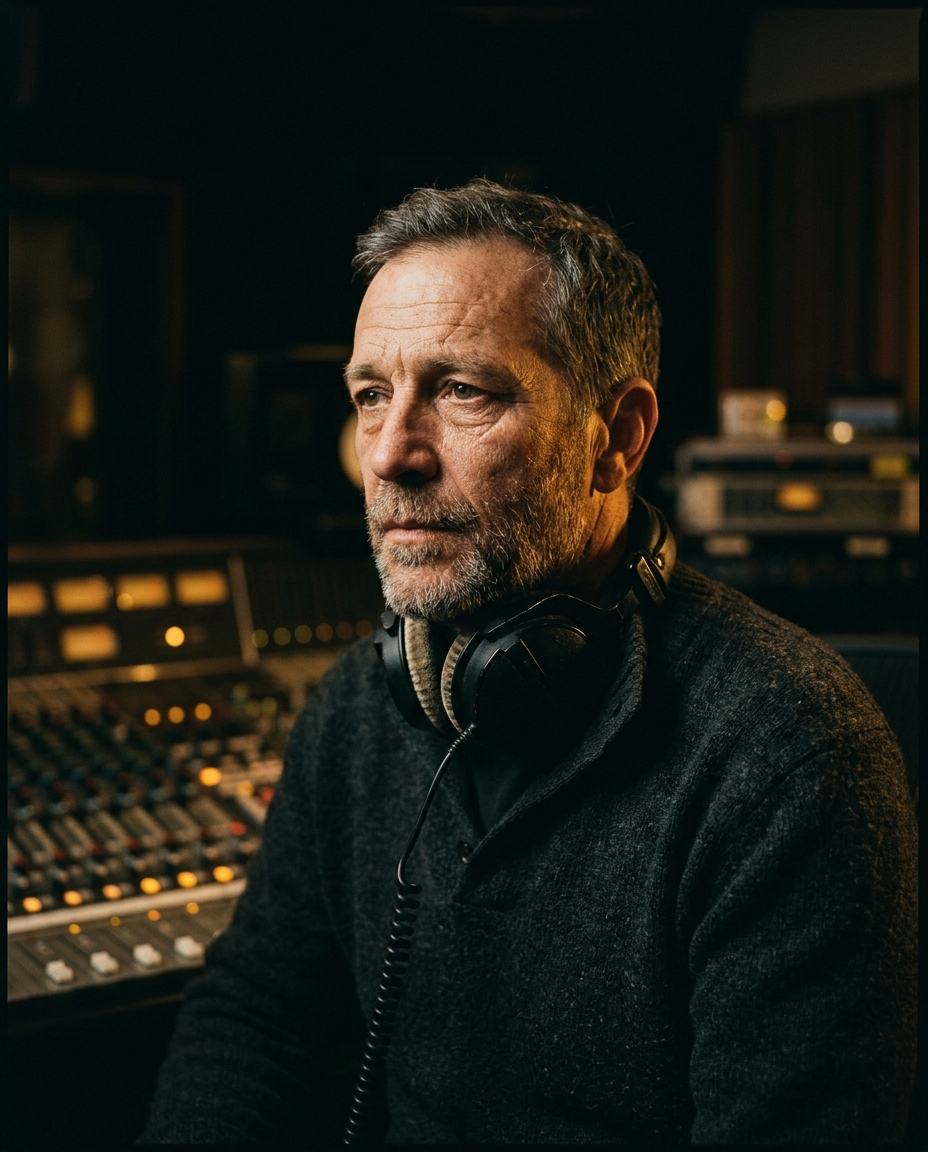 A tight, warmly lit portrait of a veteran audio engineer, headphones around the neck — the first subject, ready to film.