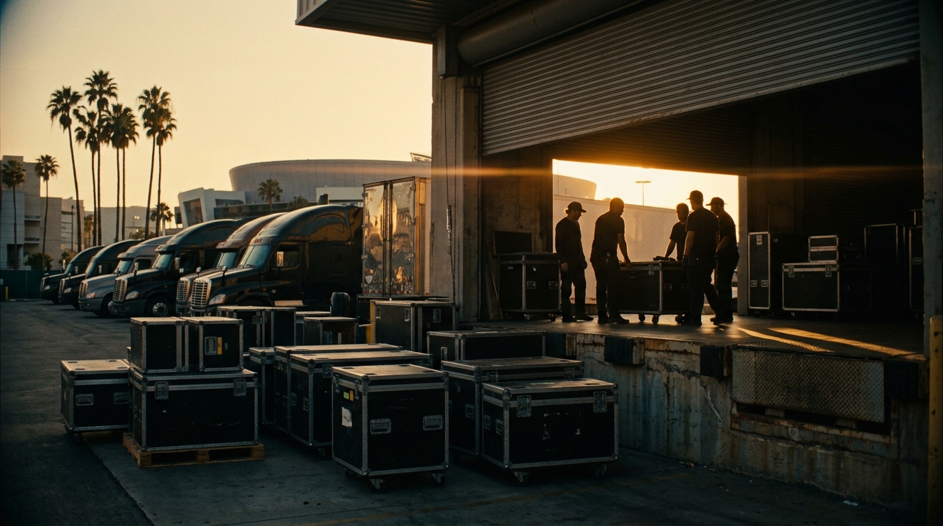 A Los Angeles arena loading dock at golden hour, tour trucks and crew silhouetted against low warm sun.