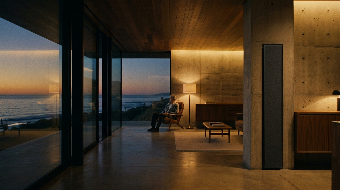 A minimalist oceanfront living space at dusk with a discreet high-end speaker integrated into the architecture, one person listening.